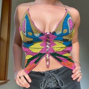 Vintage hand beaded butterfly top with gold straps